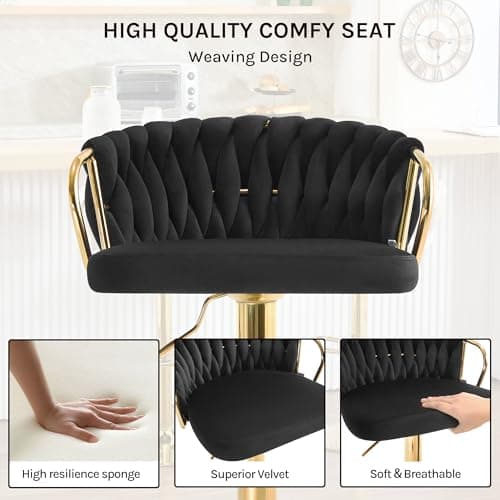 WOLTU Lot de 2 Tabouret de Bar avec Dossier Tissé et Repose-Pieds, Tabouret Pivotant à 360°, Hauteur Réglable, Base Évasée en Métal, Noir, BH426sz-2