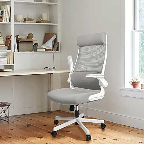 MELOKEA Chaise de Bureau Ergonomique avec Accoudoirs Rabattables,Fauteuil de Bureau Confortable avec appuie-tête réglable et Support Lombaire, Hauteur Réglable, Gris