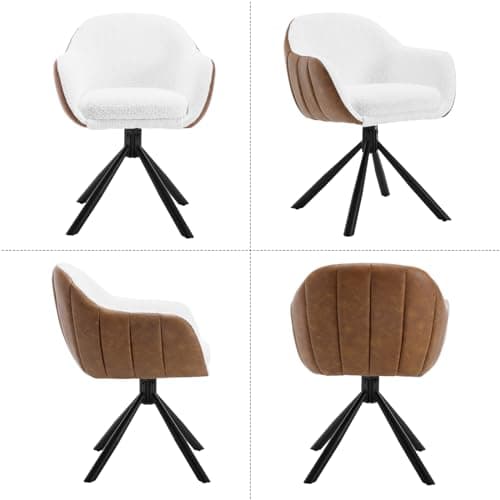 WOLTU 1x Chaise Pivotante, Chaise Salle à Manger, Chaise de Cuisine, Chaise Scandinave, Fauteuil Chambre, Siège Rembourré, Pieds en Métal, Chenille Blanc + Simili Cuir Marron, EZS04ws-1