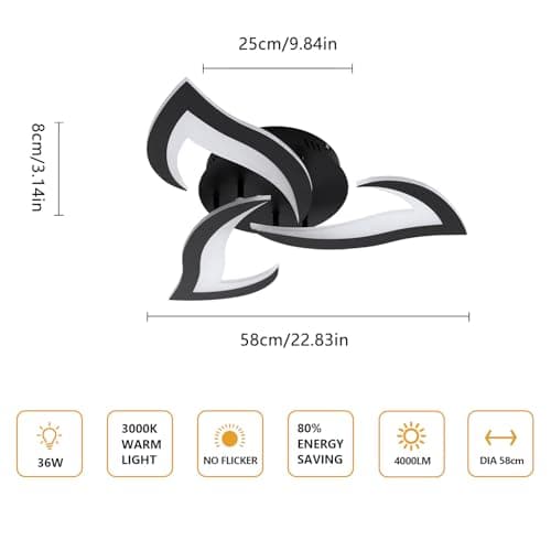 Comely Plafonnier LED, Luminaire Plafonnier 58cm 36W 4000LM, Lustre Salon Moderne, Lampe de Plafond de Pétale pour Salon Chambre Cuisine Salle à Manger, Lumière Blanche Chaude 3000K, Noir