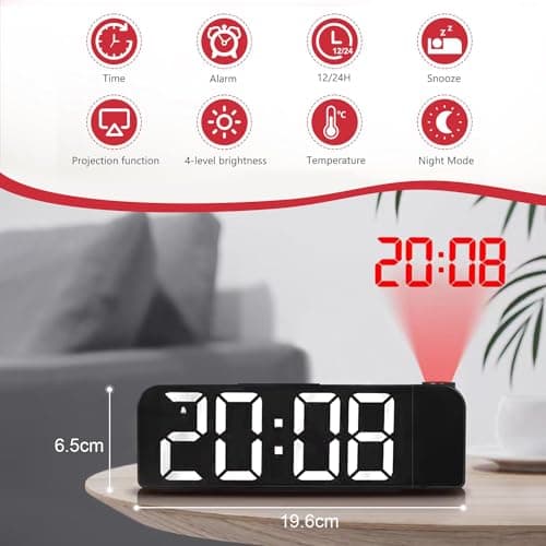 Reveil Projecteur,Reveil Projecteur Plafond,Réveil Projection avec Température,Horloge Numérique LED Projection,Horloge Digitale Projecteur 180°,Luminosité Réglable, pour Chambre, Bureau