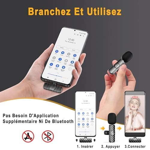 Micro Cravate sans Fil Professionnel pour iPhone/Android/Caméra, Microphone Lavalier sans Fil pour Enregistrement Vidéo, Vlogging, TikTok, YouTube, Réduction du Bruit, Plug & Play - Pack de 2 Micros
