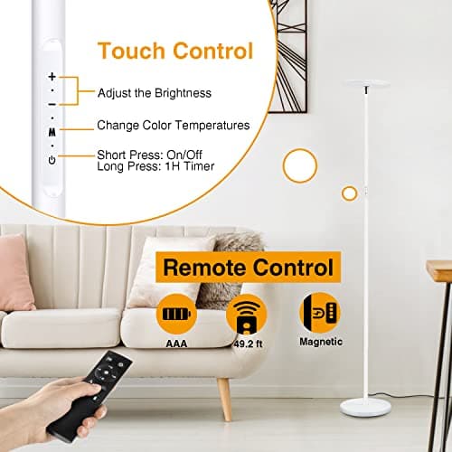 OUTON Lampadaire LED, 30W/3000LM Lumineux Lampadaire, 3000K-6000K Dimmable Lampe sur Pied avec Télécommande et Contrôle Tactile, Minuterie 1-Heure, Haut Lampadaire sur Pied Salon, Chambre et Bureau