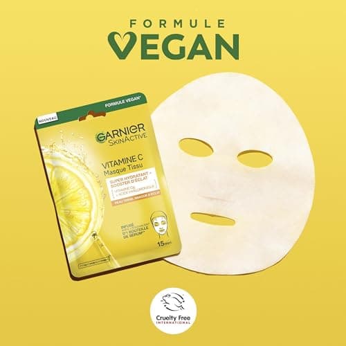 GARNIER Skin Active - Lot De 5 Masques Tissu Booster D'Éclat - Illumine, Hydrate & Repulpe La Peau - Vitamine C Et Acide Hyaluronique - Vegan & Cruelty Free - Peaux Ternes - x5