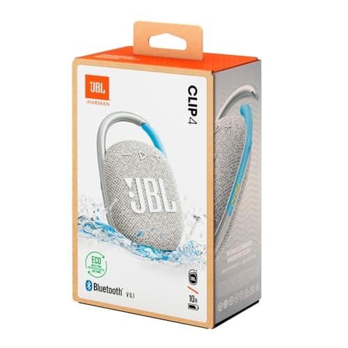 JBL Clip 4 ECO, Enceinte Bluetooth portable, étanche à l'eau et à la poussière, Mousqueton intégré, Autonomie 10h, Blanche
