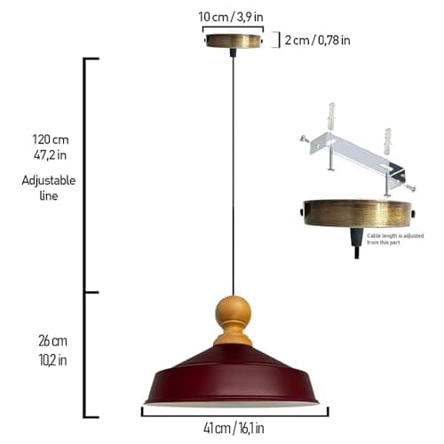 bamyum Asletl Suspension Luminaire Industriel 41 cm en Bois et Métal, Suspension Luminaire Vintage, Lustre Cuisine, Lampe Suspendue Table à Manger Salon Salle à Manger, Suspension Luminaire Bordeaux