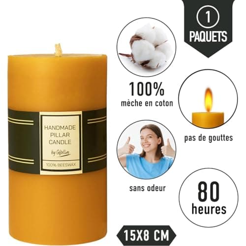 Bougie Pilier en 100% Pure Cire d'Abeille Extra Large - Durée de 80 Heures - Cire d'Abeille Pure et Mèche en Coton - Bougie sans Parfum pour les Urgences - Cadeau pour les Amateurs de Bougies