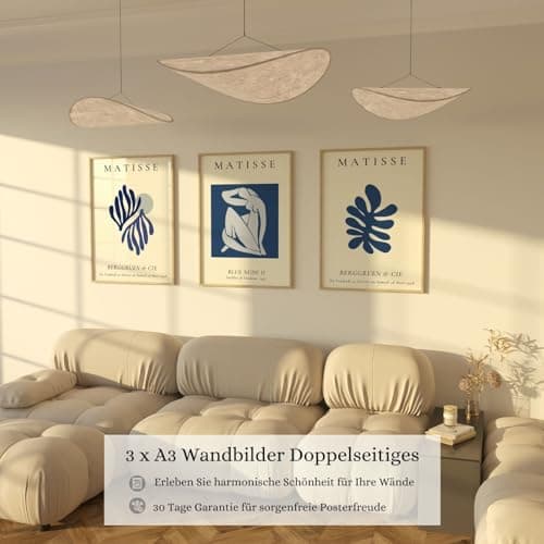 ZoeyAustin® Lot de 3 posters d'art double face - Format A3 (30 cm x 42 cm) - Poster mural élégant - 3 tableaux muraux - Images recto-verso (Matisse Blue, sans cadre - DIN A3)