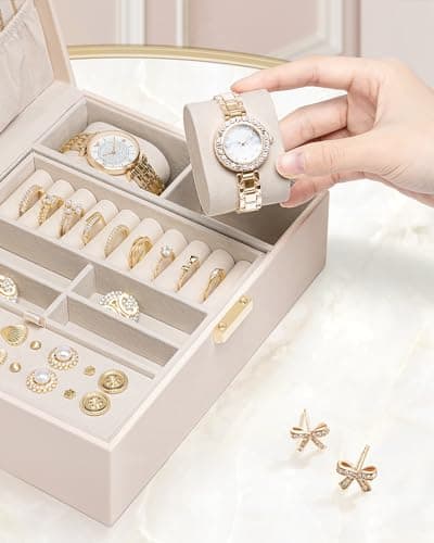Vlando Boîte à bijoux en cuir à 2 niveaux pour femme et fille avec 2 coussins de montres, organisateur de bijoux, boîte à bijoux, idée cadeau, pour montres, bagues, boucles d'oreilles, colliers