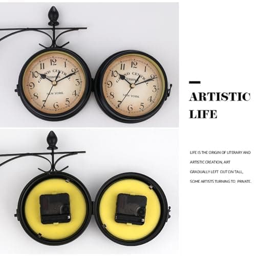 Syfunlv Horloge de Gare Rétro Double Face, Jardin Train Gare Horloge Murale, Nombre Horloge Murale en Fer, pour L’intérieur et L’extérieur Maison Terrasse Jardin Cuisine Cour Séjour, 21,8 * 21,8 cm
