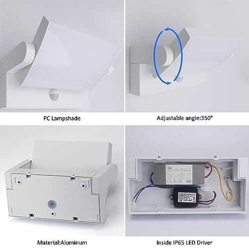 Klighten 24W Applique Exterieur/Intérieur LED avec Détecteur de Mouvement, Lampe murale avec LED Panneau Rotatif, IP65 Éclairage Mural pour Terrasse Entrée Jardin, Blanc, Blanc Froid 5700K-6000K