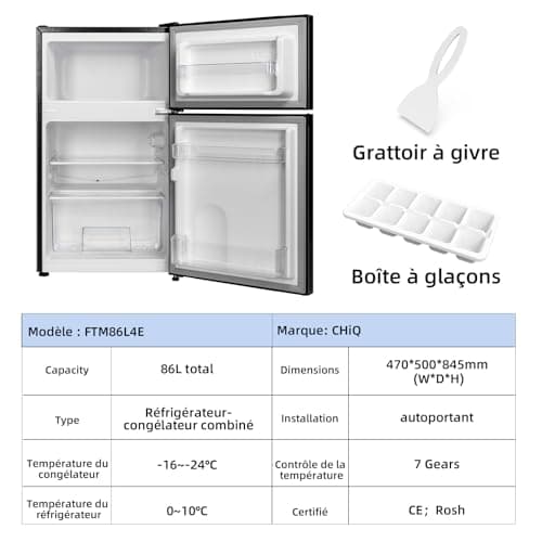 CHIQ FTM86L4E Réfrigérateur congélateur, 86 L (61/25), Petit réfrigérateur avec 2 portes, Congélation 4 étoiles, Casier à bouteilles, Thermostats réglables, Faible bruit, Foncé 2023