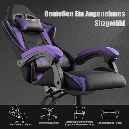 bigzzia Chaise Bureau Chaise Gaming Ergonomique en PU Cuir, Hauteur Réglable, avec Coussin Lombaire et Appui-Tête, Fauteuil Gamer Confortable pour Adultes, Filles et Garçons (Violet Foncé)