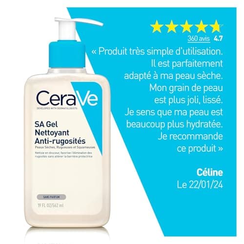 CeraVe - SA Gel Nettoyant Anti-Rugosités - Nettoie la Peau, Elimine les Rugosités - Acide Salicylique + Acide Hyaluronique + 3 Céramides Essentiels - Peau Sèche, Rugueuse, Squameuse - 564 ml