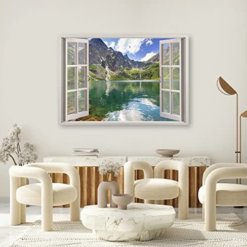 Feeby 1 pièces Tirages sur Toile intissée XXL 120x80 cm Fenêtre Paysage Montagnes Lac Art Image Deco Artistique Salon Esthétique Nature Forêt Arbre Vert