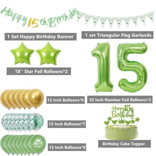 Ballon 15 ans anniversaire garçon fille,Vert 15 Ans Décorations Anniversaire,Ballons 15 ans anniversaire vert,Déco 15 ans anniversaire garçon fille,Vert sauge Décoration 15 ans anniversaire fête