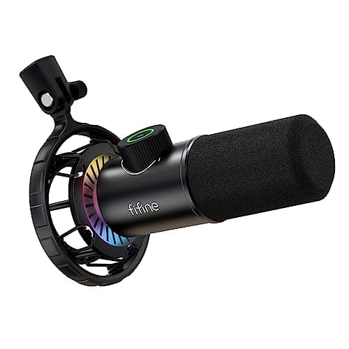 FIFINE USB Microphone Gaming, RGB Dynamiques Micro pour PC, Bouton de Silence & 3,5mm Prise Casque, Plug and Play Microphone Cardioïde pour Diffusion en Continu, Podcasting, Youtube