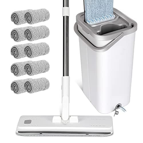 Masthome Balai Magique et Seau Essoreur, Balai Microfibre Plat avec Manche en INOX 140cm, Vadrouille de Mains Libre avec 10 Serpillères Réutilisables, pour sols Bois, Stratifiés, Carrelage et Marbre