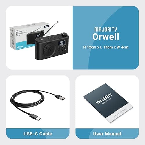Radio Dab, Dab+ Bluetooth Portable | Batterie Rechargeable ou Alimentation par câble USB-C | 12 Heures de Lecture, Affichage LED, Prise Casque | Double Alarme, FM, 40+ présélections | MAJORITY Orwell