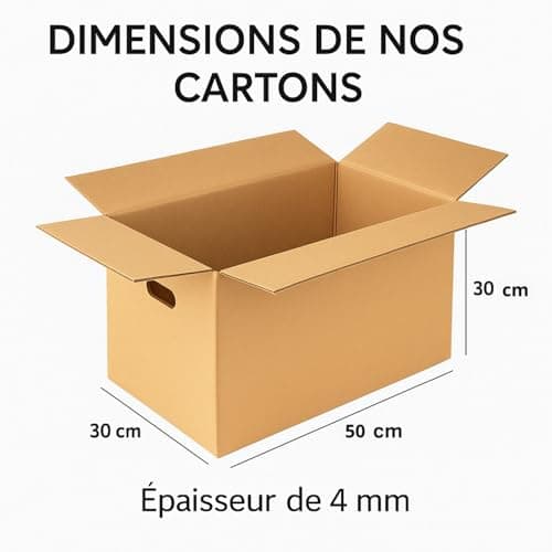 Lot 20 Cartons de Déménagement - Fabricant Français - Résistance Extrême 25 kg - Grosse Épaisseur avec Poignées Renforcées - Réutilisable - 50 x 30 x 30 cm - LPVS