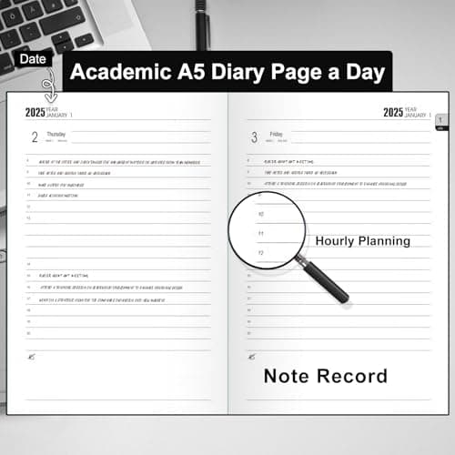 Agenda académique 2025 - Format A5 - Un jour par page - Avec autocollants calendrier - Avec porte-stylo et stylo - Papier épais de qualité supérieure - 14 x 21,5 cm (vert)