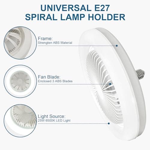 oxylops Ventilateurs Plafond avec Lumière, 10"" Lampe E27 Ventilateurs De Plafond Fermés Silencieux 30W, Ventilateur Mural Portable Enfichable avec Lumière Blanche pour Chambre Salon, FYD-0770
