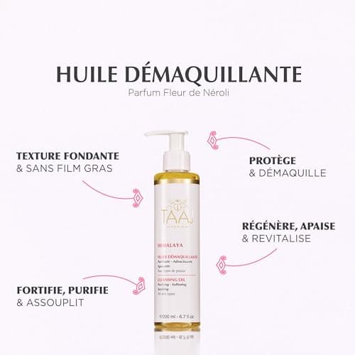 TAAJ | Huile Démaquillante - HIMALAYA | Douce & Fondante | Soin en profondeur Nettoyant & Hydratant | Nettoie & Élimine les impuretés | Peau nette, douce & apaisée | Tous types de peaux | Vegan |200ml