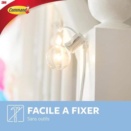 Command Crochets de Fixation, Lot de 20 Mini-Crochets Transparents et de 24 Petites Bandes Adhésive - Pour la Décoration des Guirlandes Lumineuses, Accrochage Sans Dommage