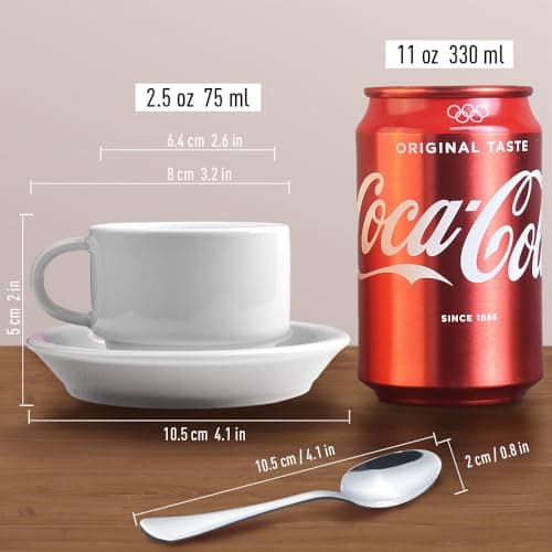 homEdge Lot de 4 tasses à expresso et soucoupes de qualité supérieure avec cuillères à expresso, 70,9 g, blanc