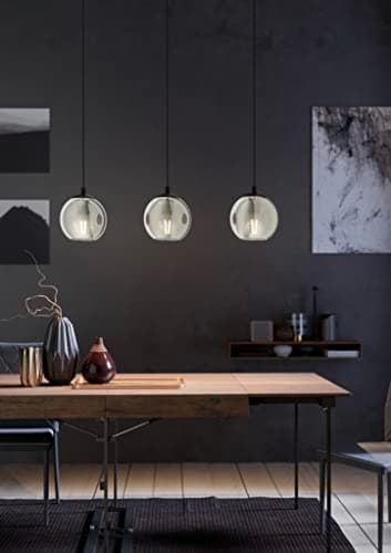 Eglo Suspension luminaire Ariscani, lampe de plafond suspendue à 3 flammes, lustre salon ou salle à manger en métal Noir et verre fumé Noir transparent, douille E27, 76,5 cm
