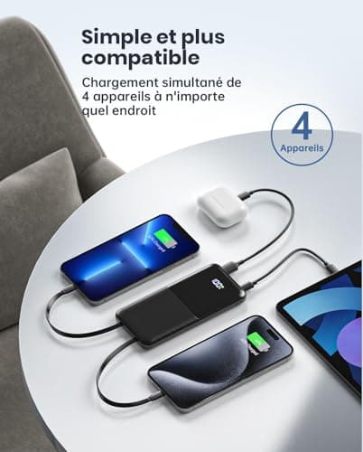 Batterie Externe 10000mAh avec Câbles Intégrés, 22.5W PD3.0 QC4.0 Batterie Externe USB C Câble Charge Rapide Batterie Portable 4 Sorties avec Affichage LED Compatible avec iPhone Samsung Huawei Xiaomi