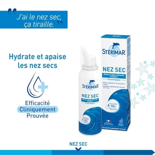 STÉRIMAR Nez Sec - Spray Nasal pour Nez Sec, Régénère & Restaure l'Hydratation de la muqueuse nasale, à l'Eau de Mer 100% Naturelle & Soufre, Formule Physiologique, 100 ml