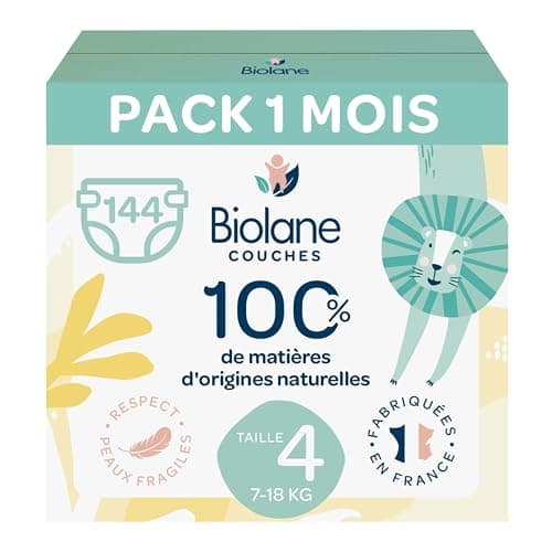 BIOLANE - Couches Taille 4 - (7-18 kg) - Peaux Sensibles - Ultra-Absorbant, Pas de Fuite, 12h au Sec - Pack 1 mois 144 couches - Fabriqué en France