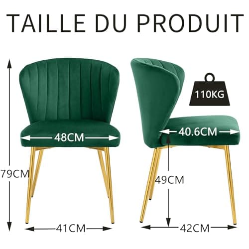 SEPNINE Lot de 2 Chaises de Salle à Manger, Chaises Scandinaves, Chaise en Velours pour Salle à Manger avec Dossier Ergonomique, Chaise de Salon avec Pieds en Métal Doré, Chaise de Cuisine Vert