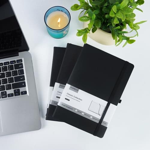 POPRUN Lot de 8 Carnet de notes Voyage classiques lignés A5, Noir Cuir végétalien rigide Cahier, Journal Couverture Imperméable avec Porte-stylo, Fermeture Élastique, Pochette Extensible, 14 x 21cm