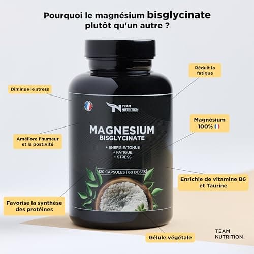Magnésium Bisglycinate + Taurine & Vitamine B6 - Haute Absorption 320 mg - Anti-Stress, + Sommeil, Fatigue - Santé Os, Muscles, Système Nerveux - 120 Gélules Vegan Marque Française - Team Nutrition