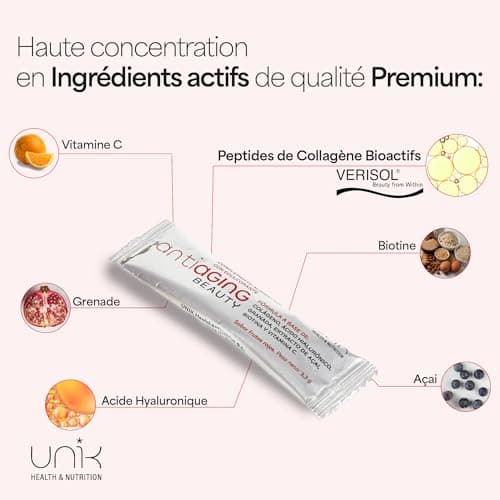 Collagène VERISOL en Poudre + Acide Hyaluronique + Vitamine C | Complément Anti-Âge pour Peau Cheveux Ongles | 30 Sticks Saveur Fruits Rouges