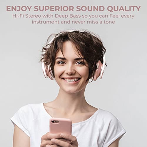 PowerLocus Casque Bluetooth sans Fil - Casque sans Fil avec Micro intégré - Hi-FI Stereo – Micro SD/TF, FM Radio – Casque Pliables – pour iPhone/Android/iPad/Ordinateurs Portables (Or Rose)