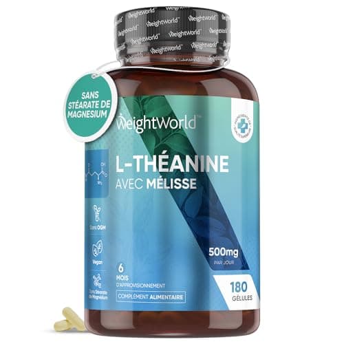 L-Theanine 500mg - 180 Gélules Vegan (6 Mois) - Camellia Sinensis, Acide Aminé de Thé Vert Enrichi en Mélisse - Alternative au GABA Sans Somnolence - Sans Stéarate de Magnesium & Sans Fructose