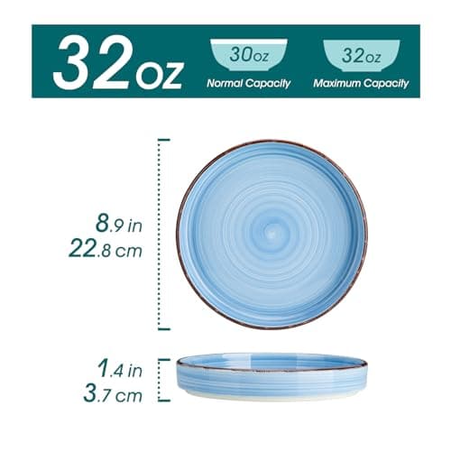 vancasso Série BONITA Lot de 4 Bols à Pâtes en Grès, Assiettes Creuses 1000ml, Assiettes à Pates, Grands Saladiers pour Lave-vaisselle et Micro-ondes, Bleu