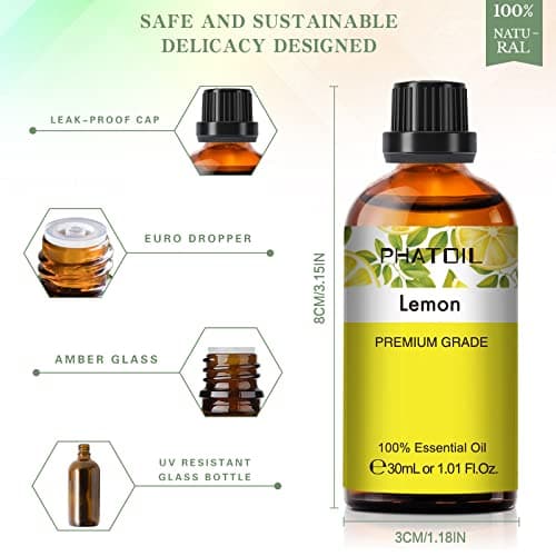 PHATOIL Huile Essentielle Citron 30 ml, Huile Essentielle pour Diffuseur, Huile de Citron Pure Naturelle pour Aromathérapie Bougie Humidificateur