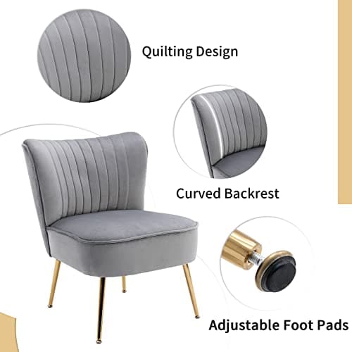 Wahson Fauteuils en Velours Fauteuil de Salon Confortable, Fauteuil Scandinave avec Pied Doré et Siège Épais, Chaise Salon Rembourrée pour Salon et Chambre. Gris