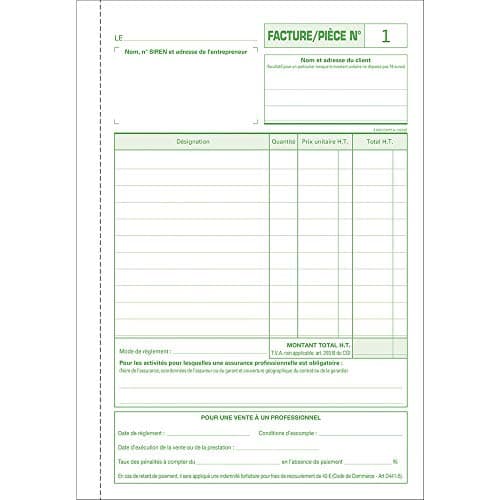 Exacompta - Réf. 13293AE - 1 Manifold FACTURES micro-entrepreneur - 50 feuillets numérotés et autocopiants en 2 exemplaires (1 original + 1 copie) - format 210 x 148 mm - fabriqué en France