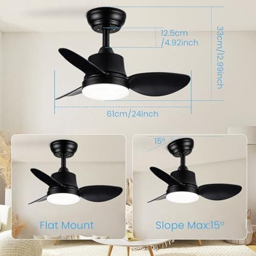 Newday Ventilateur de Plafond avec Lumiere Noir, 61cm Ventilateurs de Plafond avec Telecommande Petit, Plafonnier Ventilateur de Plafond Réversible mit 6 Vitesse Pour Chambre Salon,DC Moteur