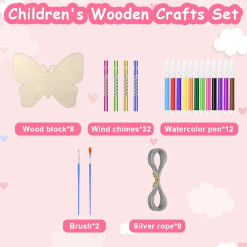 Ainiv 8 Pcs Kits Bricolage Papillon Carillon à Vent en Bois, Loisirs Créatifs pour Filles, DIY Artisanat pour Activité Manuelles Enfants, Décoration pour Jardin, Cadeau Anniversaire 4 5 6 7 8 9 10 Ans