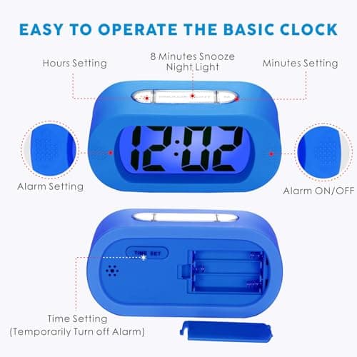 Plumeet Réveil électronique, Alarm Réveil Matin avec Grand écran LCD, Fonction Snooze, avec Veilleuse, Alimenté par Batterie, Convient Aux Alarmes de Voyage et de Chevet (Bleu)