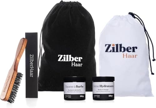 ZilberHaar - Kit de Soins pour Barbe Homme - 1 Brosse à Barbe Regular + 1 Baume à Barbe + 1 Crème Hydratante + 1 Bavoir à Barbe - Poils de Sanglier Rigides - Pochette en Velours
