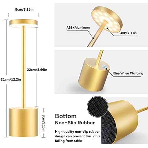 Hapfish Lampe de table sans fil rechargeable, 5000mAh lampe de bureau LED en métal design charge usb, 3 modes de couleur, pour chevet, exterieur, terrasse, restaurant