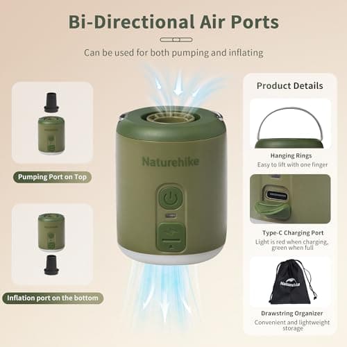 Naturehike Wind-Mini 1600 mAh Pompe à air à Batterie Rechargeable USB-C Mini Pompe à air de Camping Pompe à air électrique portative éclairée Pompe à air sur Coussin d'air avec 6 Buses d'air