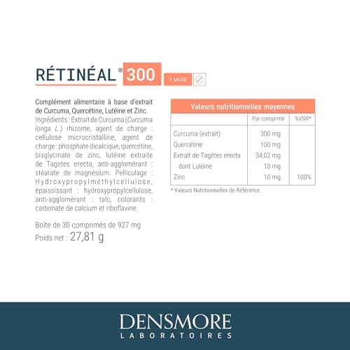 Densmore - Rétineal - Complément Alimentaire Vision - Participe au Maintien d'une Vision Normale - Zinc, Curcuma, Quercétine, Lutéine - 30 comprimés - Cure de 1 mois - Fabriqué en Europe